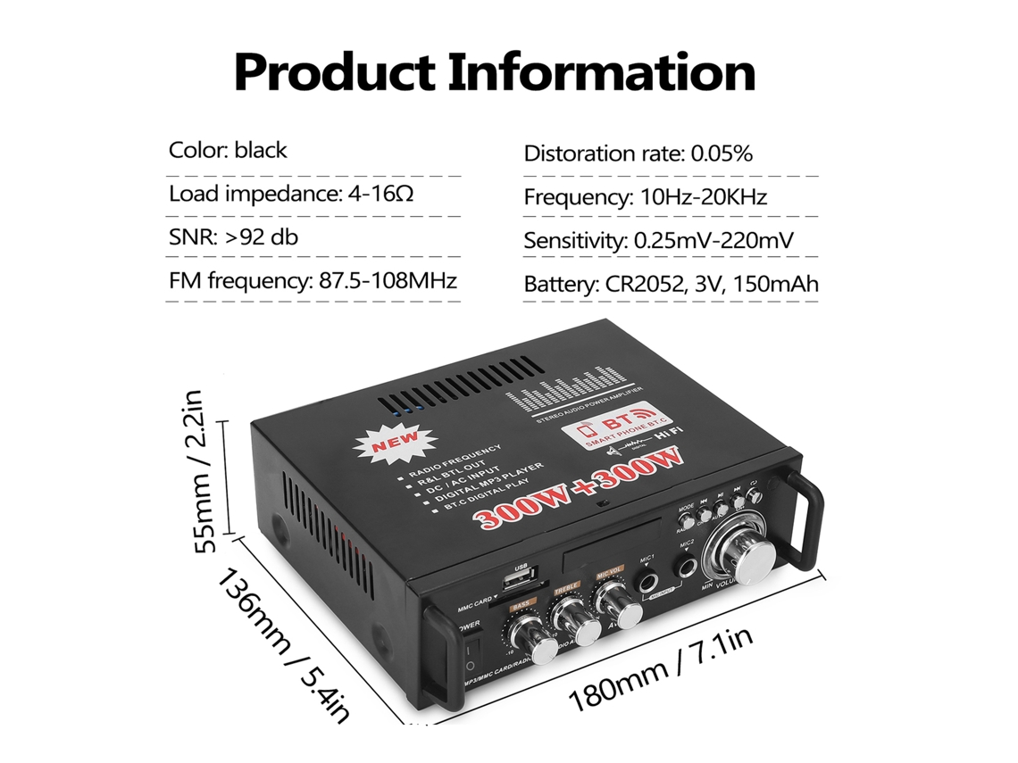 Amplificador de Audio Hi fi Lcd de 600 W Y 2 Canales Con Bluetooth, Radio Fm, Control Remoto, 12 V/220 V, Portátil para Coche Y Hogar.
