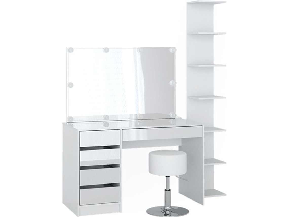 Toucador Vicco Sherry, branco alto brilho, 4 peças, com prateleira de armazenamento, espelho, banco, LED