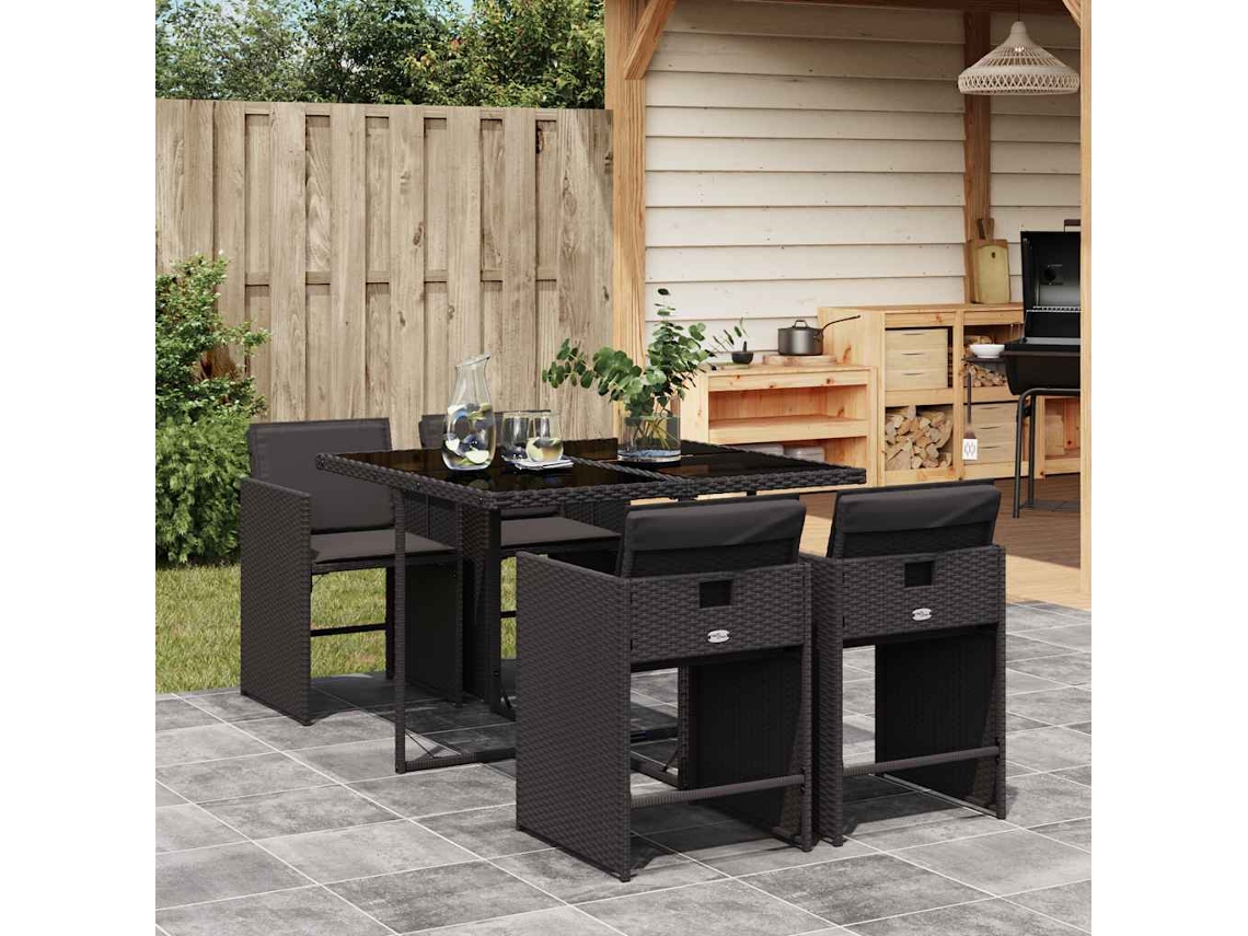Vidaxl 5 Pcs Conjunto De Jantar P/ Jardim C/ Almofadões Vime Pe Preto