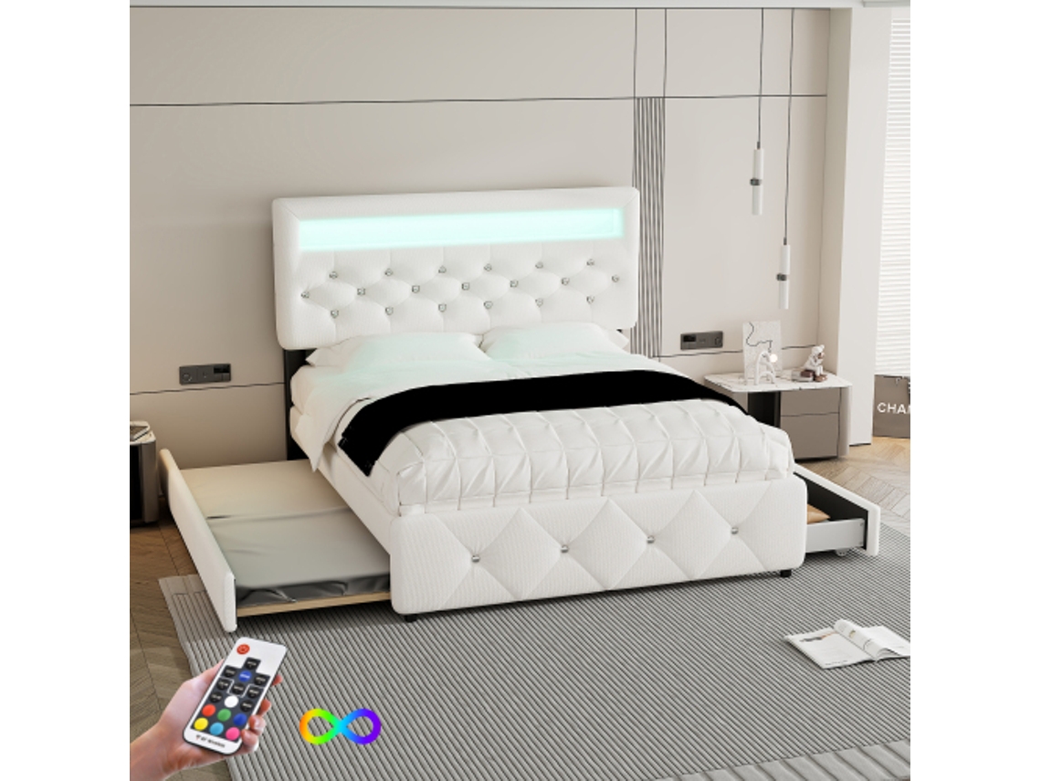 Cama De Casal 140x200cm Com Estofado, Base Elevada, Gavetas E Mesa De Cabeceira Com Iluminação Led Branco Liptaptyn