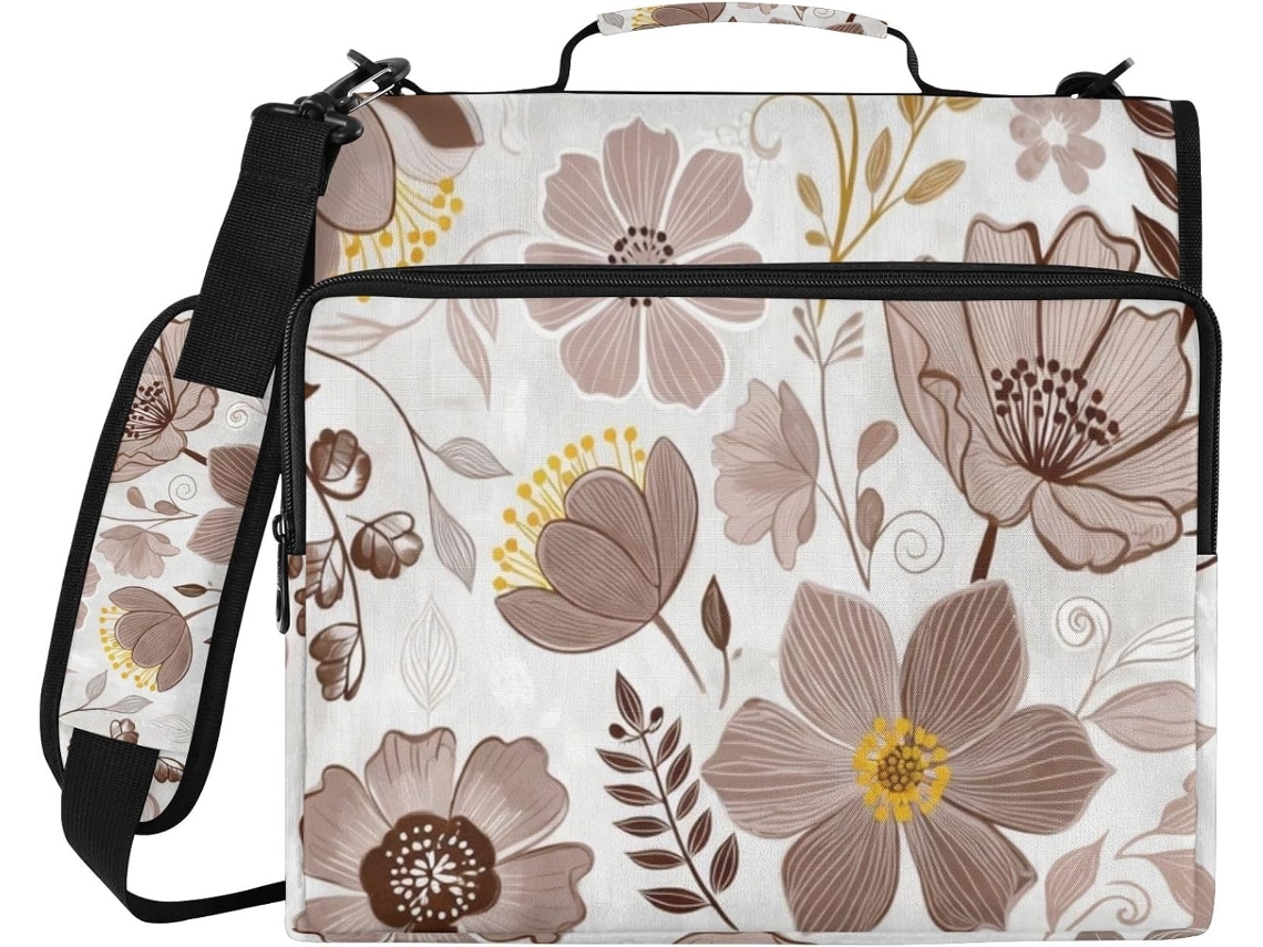Pasta organizadora com 3 argolas, estampa floral Boêmia multicolorida, Alça, inclui bolsa com zíper.