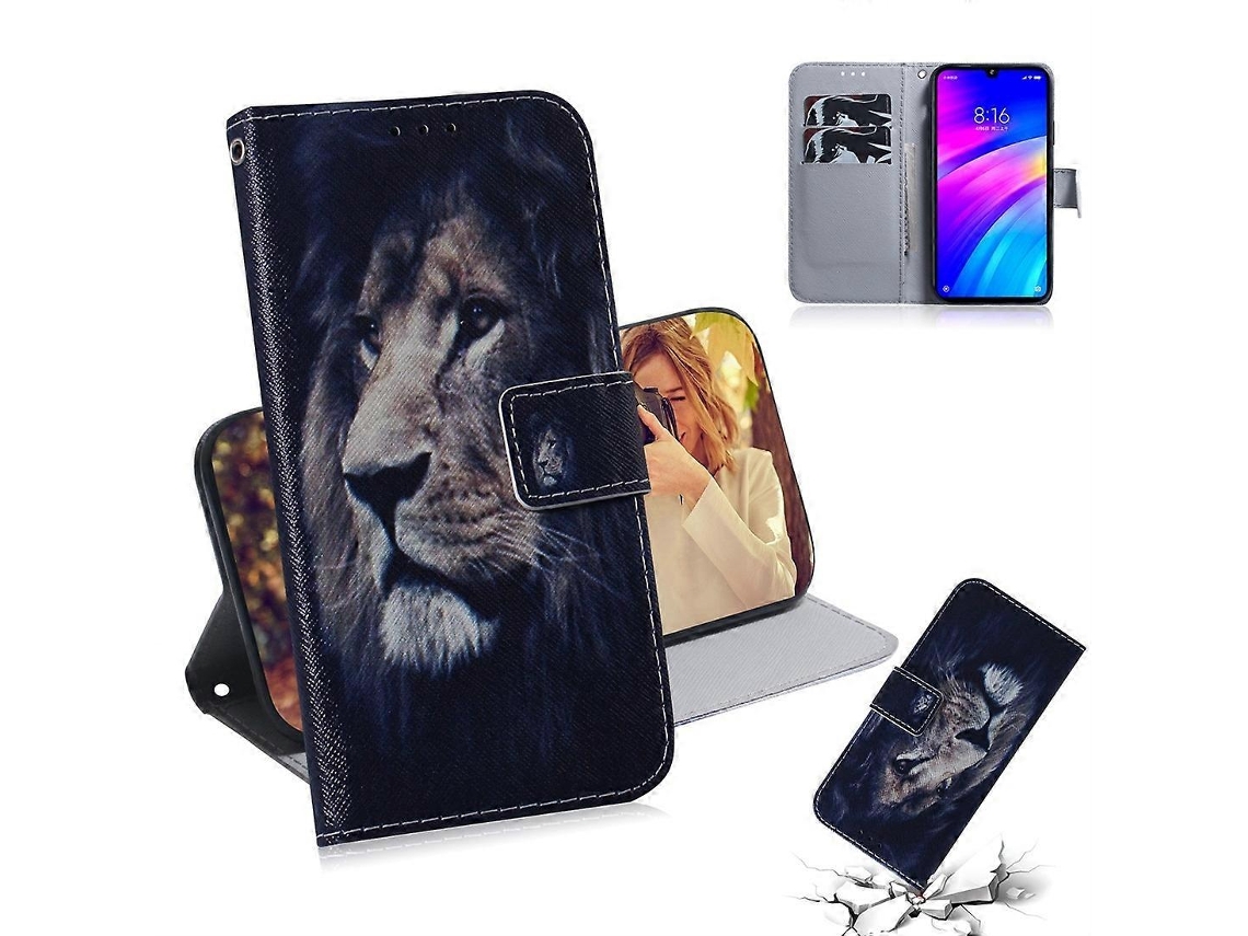 Capa De Couro Com Aba Horizontal, Estampa Colorida De Leão Para Xiaomi Redmi 7, Com Suporte, Compartimentos Para Cartões E Carteira.
