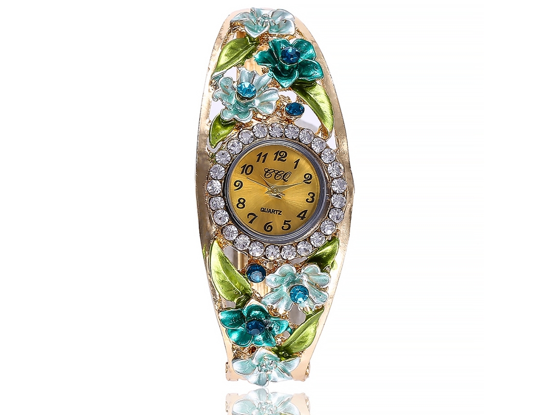 Relógio de Pulso Feminino Ccq com Mostrador Redondo e Decoração Floral de Rhinestone (verde)