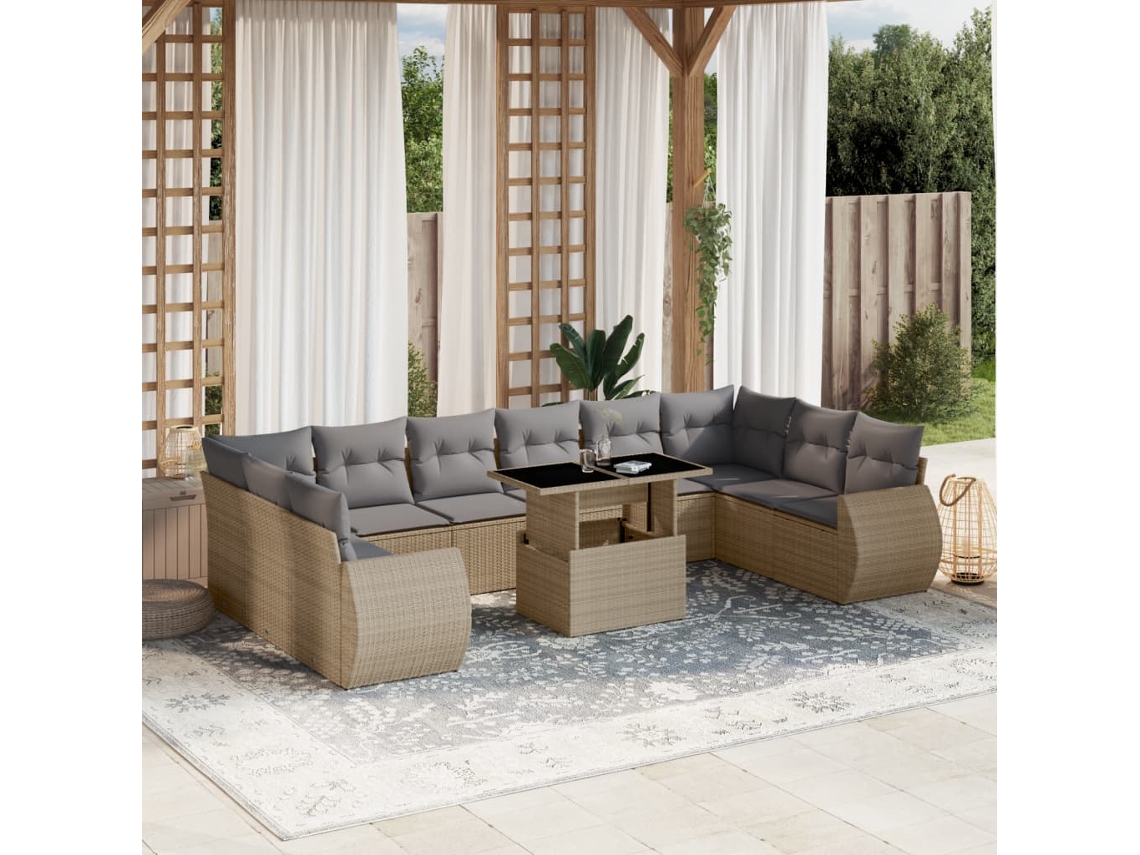 Vidaxl 11 Pcs Conjunto Sofás De Jardim C/ Almofadões Vime Pe Bege
