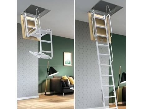 Escada Dobrável Retrátilde Aço Em Quatro Peças Degrau Lateral 70 Cm  Medidas 70x140 Cm  400 Cm Maderterraneo