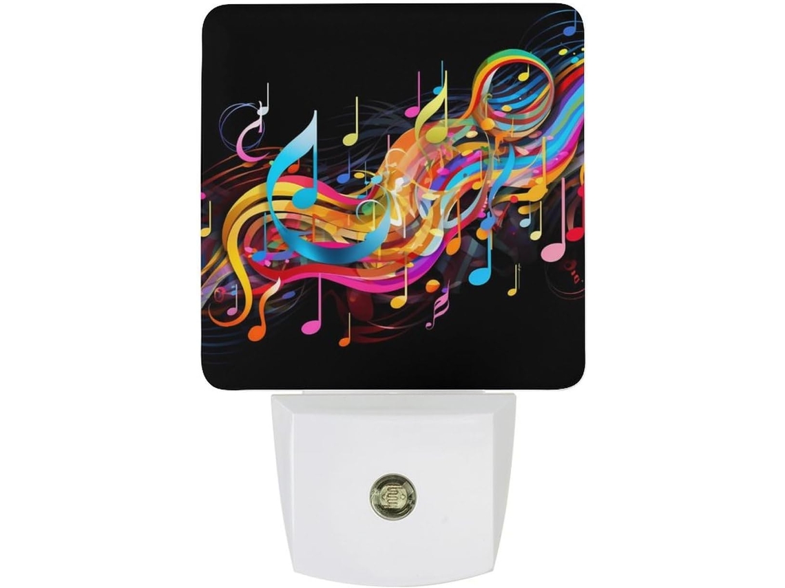 Luminária de parede noturna com notas musicais coloridas, sensor crepuscular, luz LED branca, lâmpada baixa.