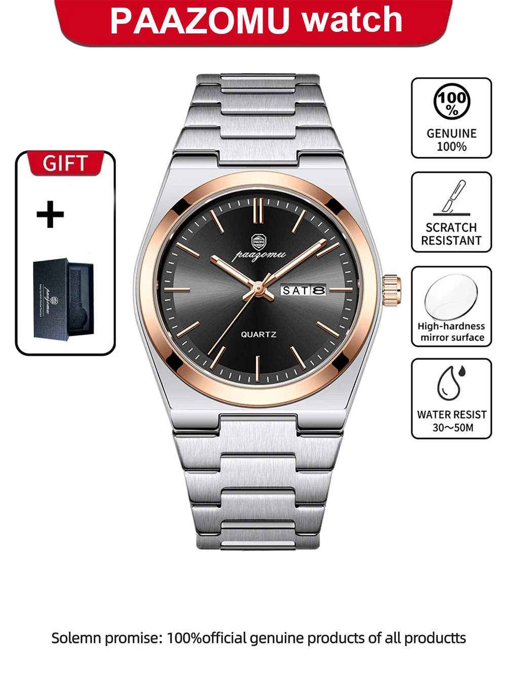 Relógio De Quartzo Elegante (dourado E Preto), Multifuncional Com Funções De Cronógrafo E Data.