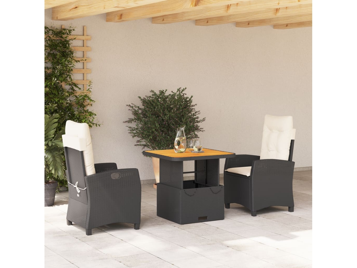 Vidaxl 3 Pcs Conjunto De Jantar P/ Jardim C/ Almofadões Vime Pe Preto