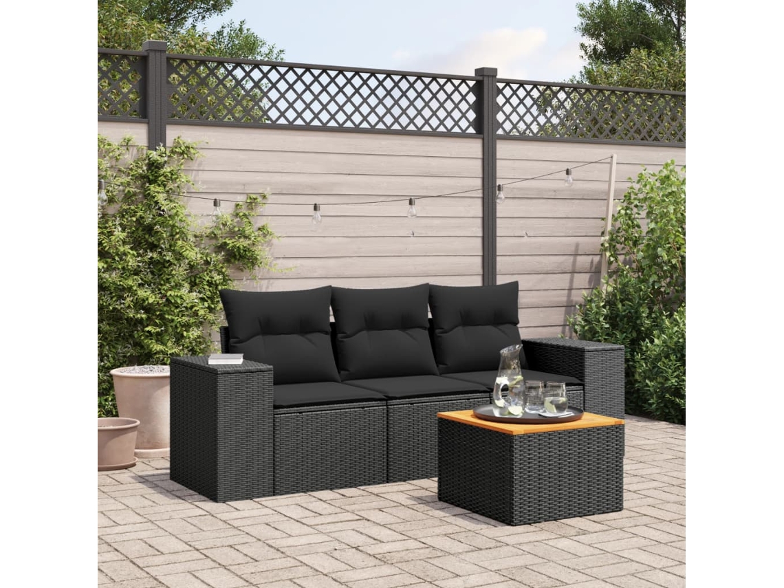 4 Pcs Conjunto De Sofá Para Jardim C/ Almofadões Vime Pe Preto Dkd Home Decor