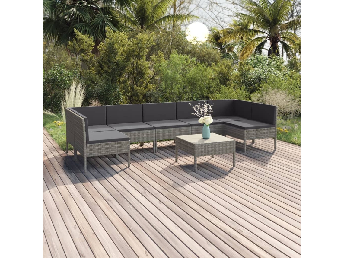 Vidaxl 8 Pcs Conjunto Lounge de Jardim C/ Almofadões Vime Pe Cinzento