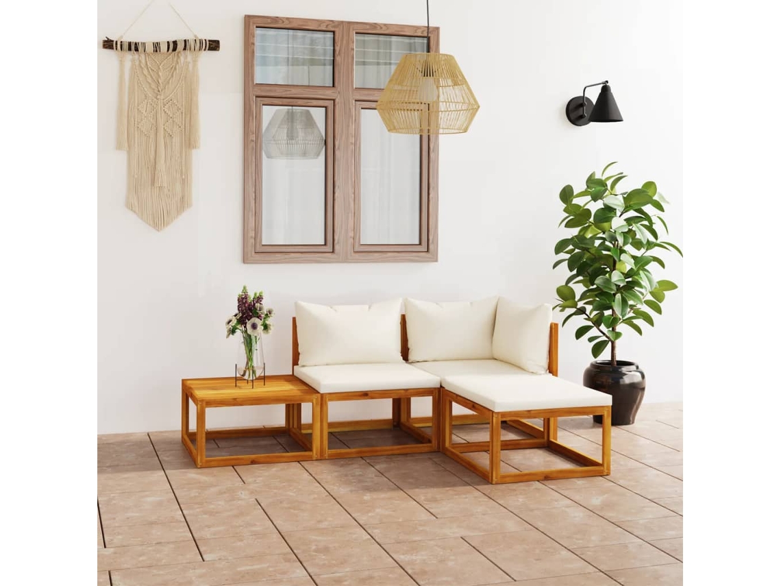 Vidaxl 4 Pcs Conjunto Lounge Jardim C/ Almofadões Acácia Maciça Creme