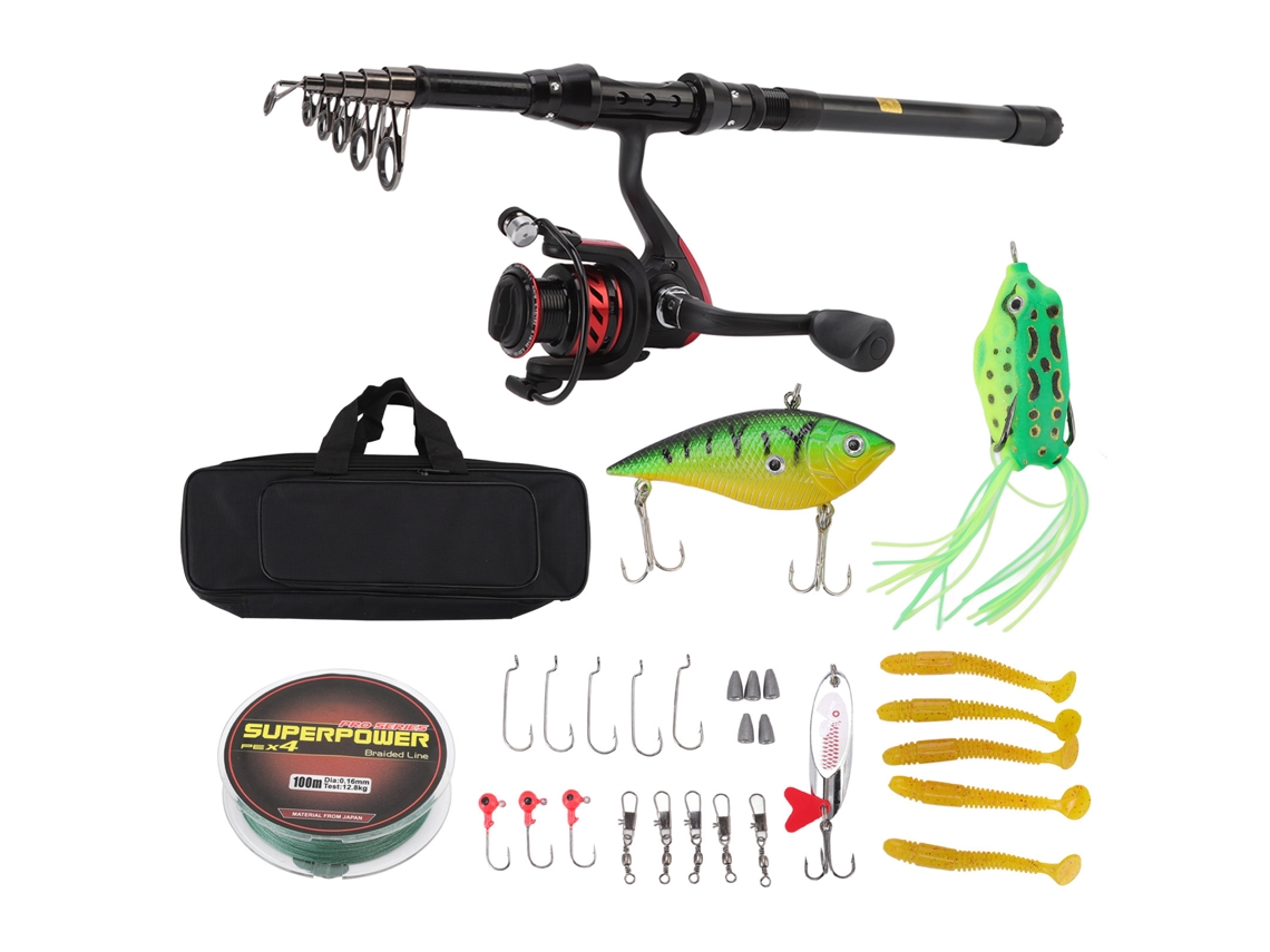 Mali kit de Vara de Pesca Telescópica de Carbono Preta com Molinete, Linha, Iscas e Anzóis para Água Doce e Salgada