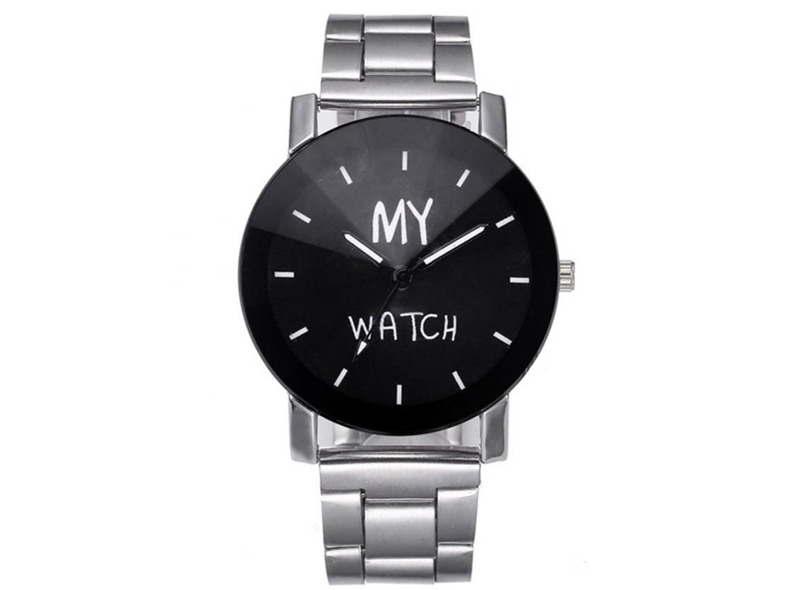 Relógio masculino casual e elegante com design simples, pulseira de aço inoxidável e mostrador preto grande.