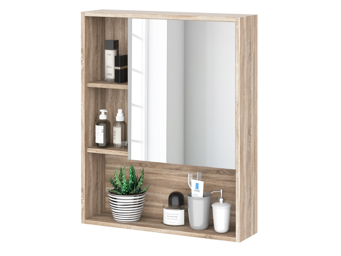 Armário espelhado para banheiro com prateleiras ajustáveis, porta, parede, 60x15x76cm, carvalho, E-TOWN COMMERCE GMBH