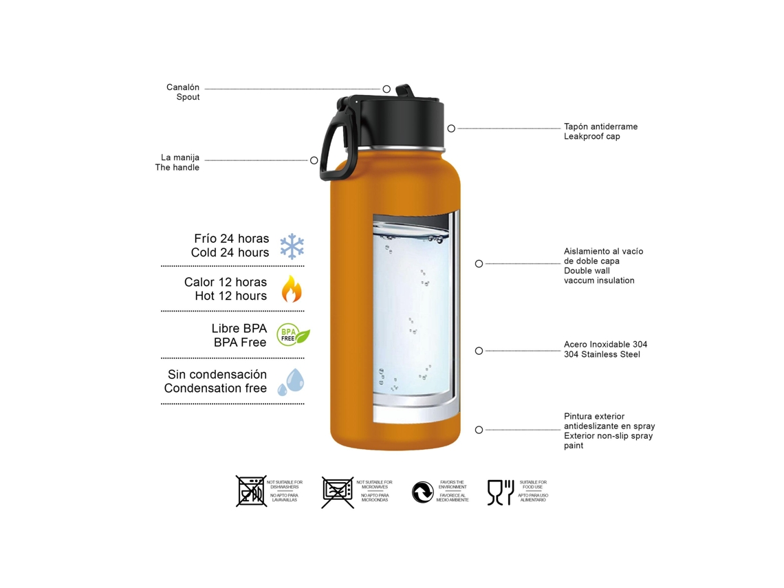 Garrafa de Madeira de Bordo e Aço Inoxidável MDUG (laranja 1l)