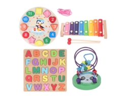 Mali conjunto de Brinquedos Educativos para Bebê Xilofone Labirinto Relógio Alfabeto de Madeira