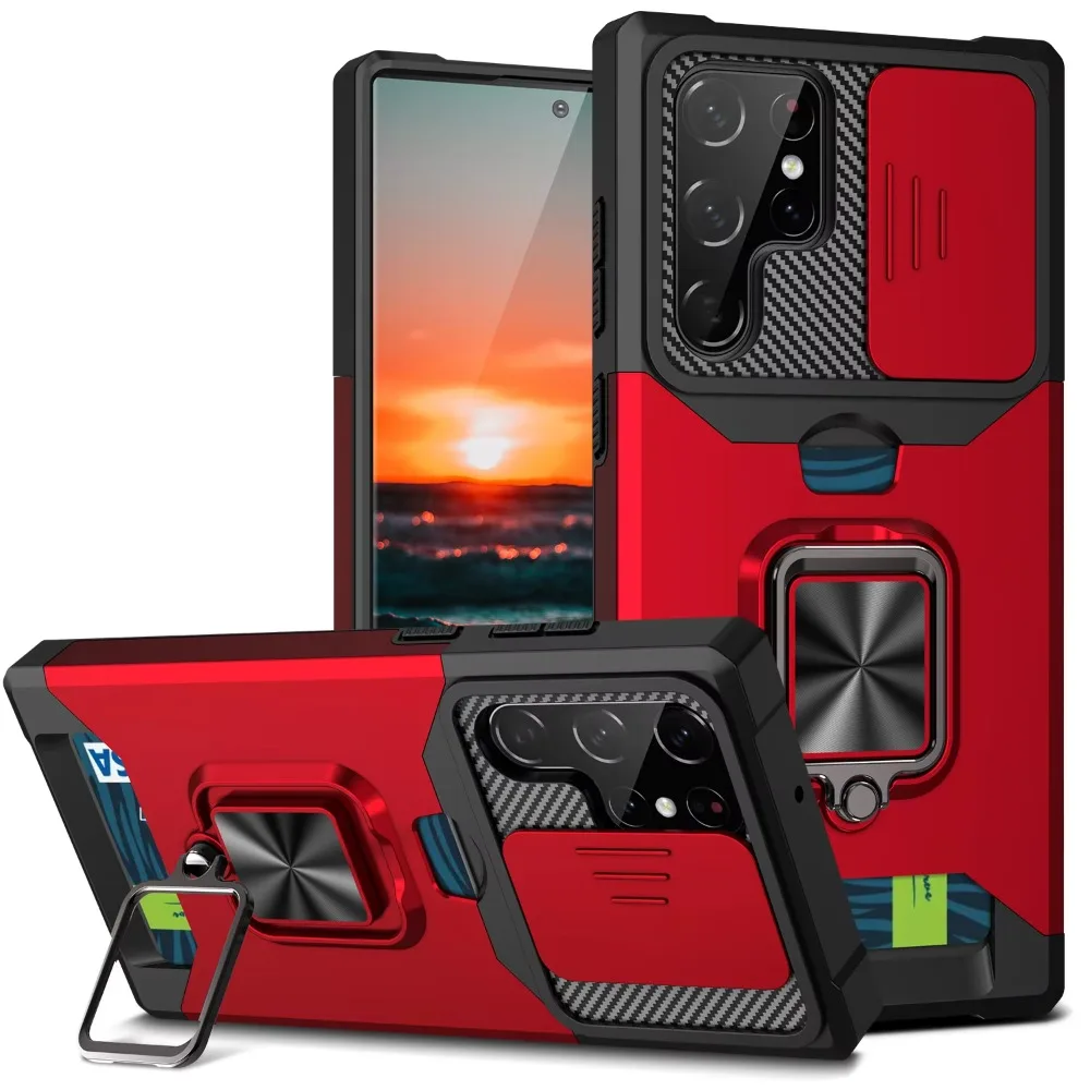 (vermelho, Galaxy S24) Capa Protetora Resistente A Impactos Com Compartimento Para Cartão E Suporte De Anel Magnético