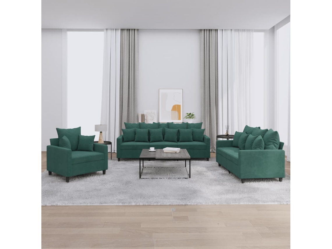 Vidaxl 3 Pcs Conjunto De Sofás Com Almofadões Veludo Verde-escuro