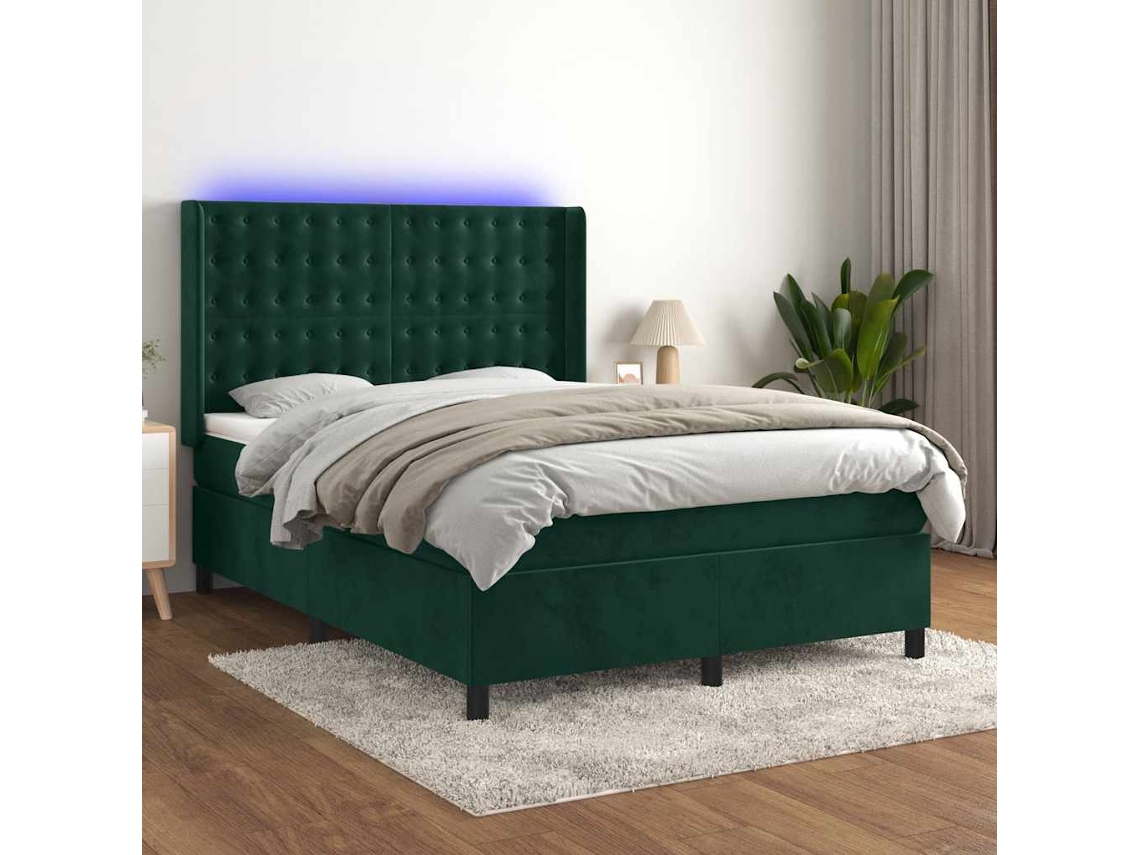 Vidaxl Cama Box Spring C/ Colchão/led 140x190 Cm Veludo Verde-escuro