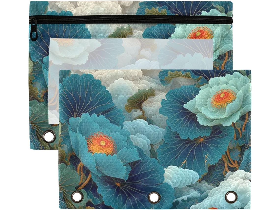 Conjunto Macio com Janela Transparente, Estampa de Lírio-d'água, Jade, Paisagem, Estilo Chinês, com Tecido Reforçado, 3 Argolas