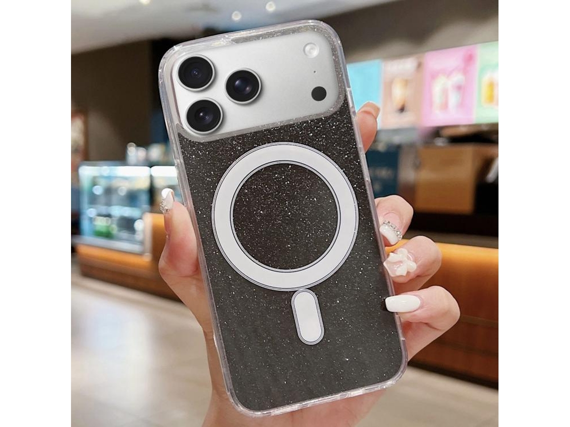 Capa Transparente Com Glitter Para Iphone 17 Pro Max - Acrílico - Magsafe - Preta
