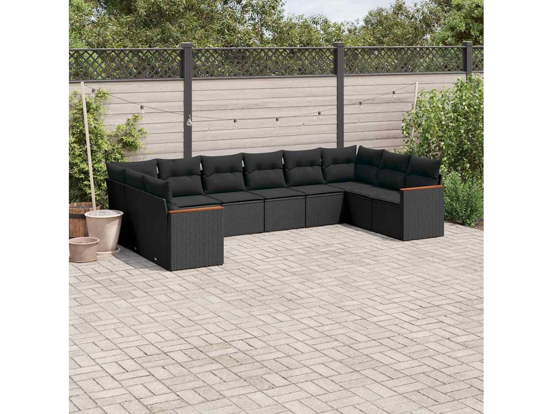 Vidaxl 10 Pcs Conjunto Sofás De Jardim C/ Almofadões Vime Pe Preto