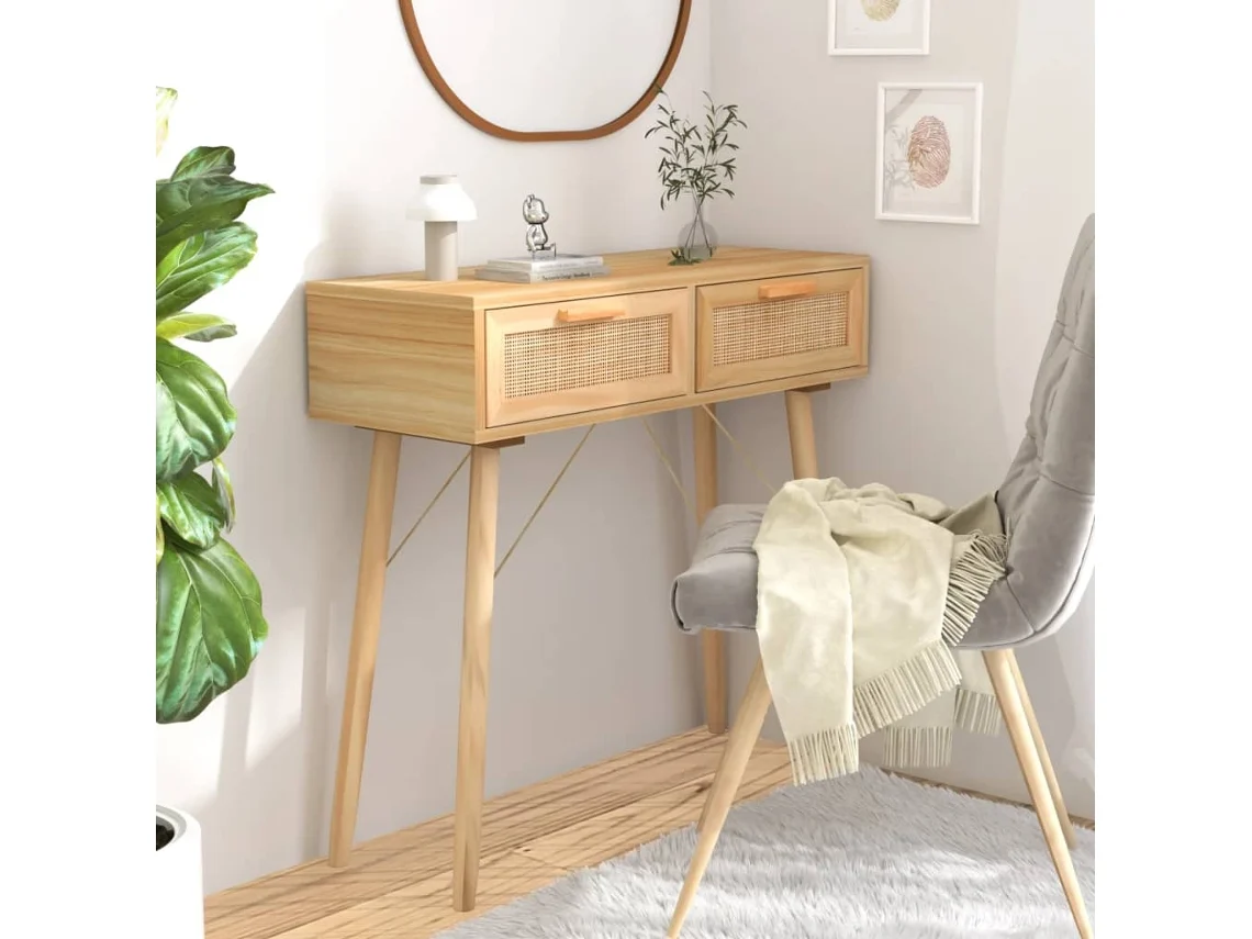 Vidaxl Mesa Consola 80x30x75 Cm Pinho Maciço E Vime Natural Castanho