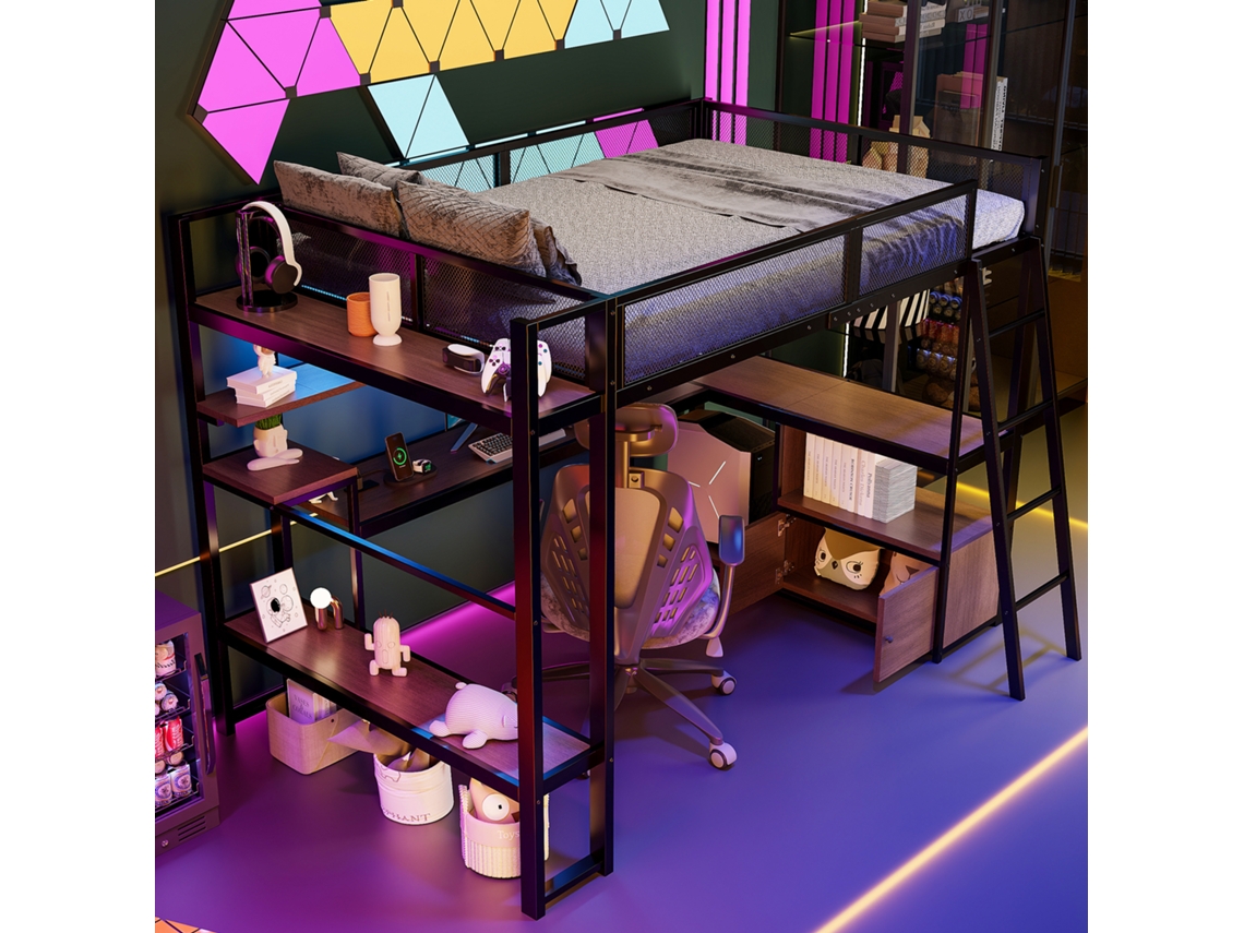 Cama Metal 140x200 Escrivaninha Led Armazenamento Preto Adolescente
