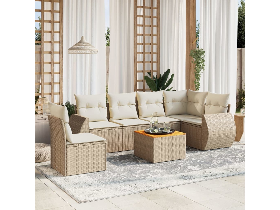 Vidaxl 7 Pcs Conjunto de Sofás P/ Jardim com Almofadões Vime Pe Bege