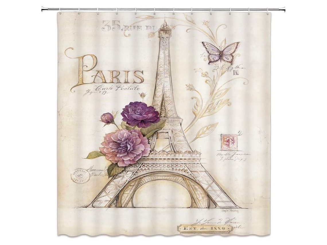 Cortina de chuveiro retrô com estampa da Torre Eiffel, flores e borboletas, 180x180cm, poliéster impermeável com ganchos.