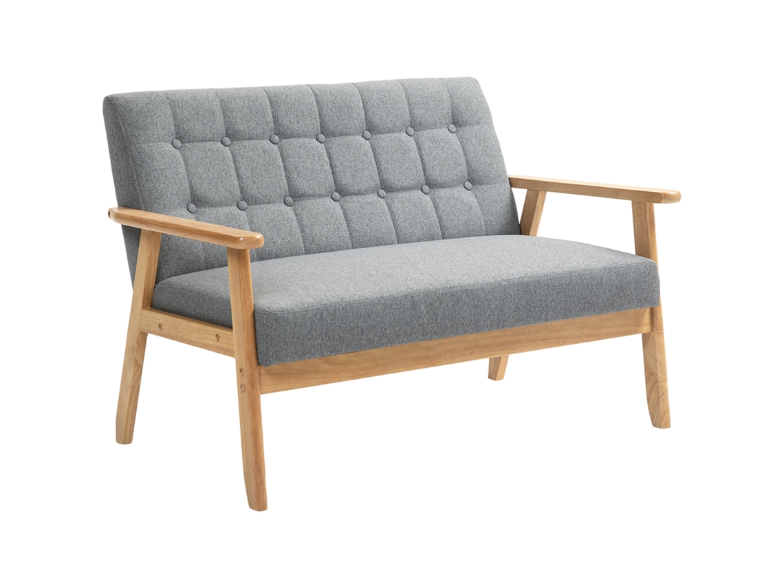 Sofá 2 Lugares BTFORUS em linho, com apoio de madeira, encosto acolchoado, 114x75x76cm Cinza Claro