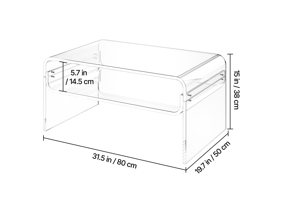 Mesa Auxiliar de Acrílico Transparente 50 X 80 38 Cm, Cabeceira 2 Níveis com Prateleira, Centro Retangular Estável para Sala Estar, Quarto, Jantar