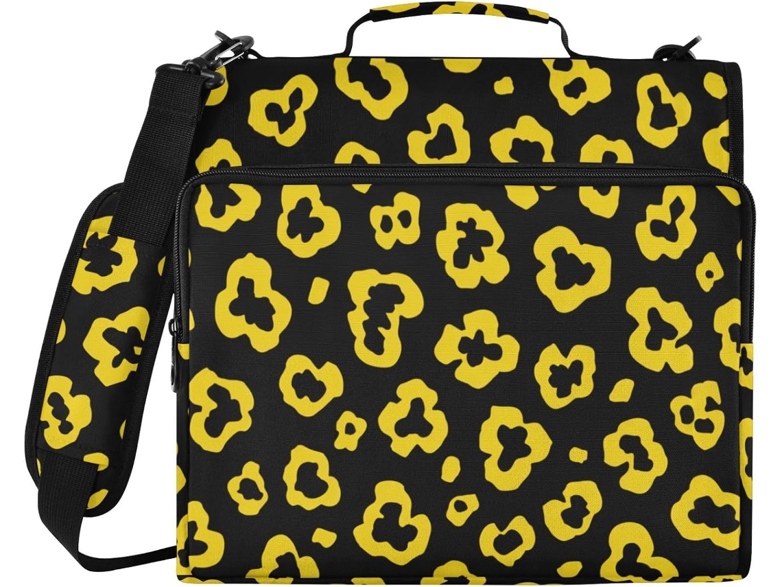 Pasta Escolar Com Zíper E Estampa De Leopardo, Amarelo Vibrante E Preto, 3, 8cm 1, 5 Polegadas, 3 Zíperes Com Alça