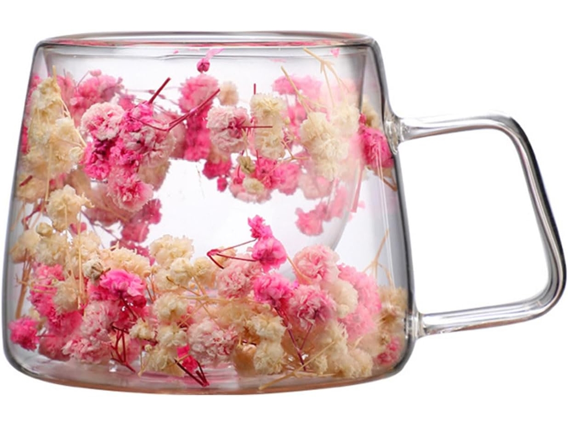 Caneca De Vidro De 200ml Com Flores Naturais, Prática E Com Isolamento Térmico, De Café Com Camada Dupla,
