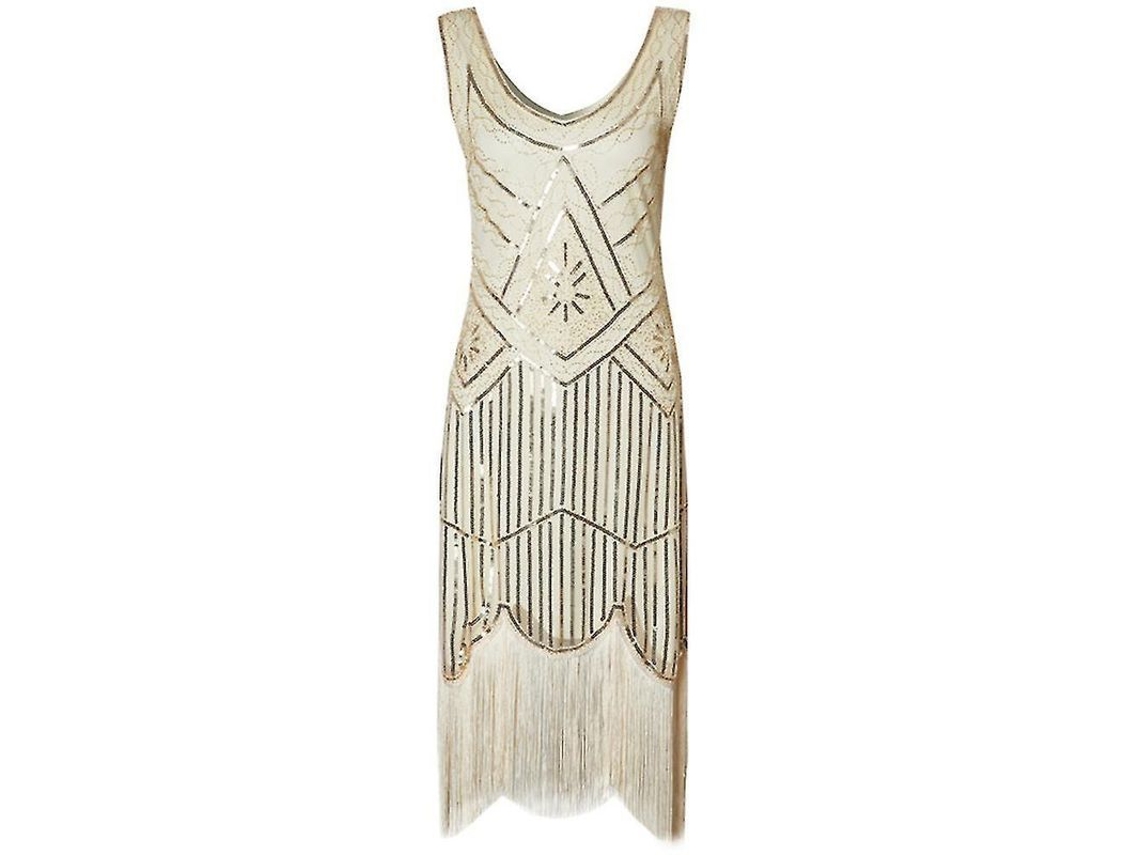 2026 vestido Flapper Dos Anos 20 para Mulher com Franjos Longos, Strass e Pérolas, Fantasia Gatsby Cpb L Bege