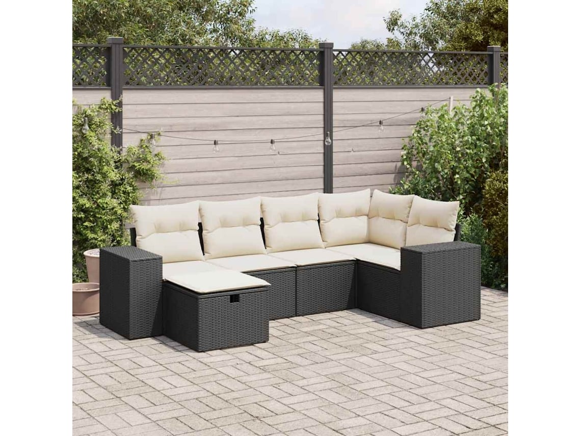 Conjunto 6 Pcs Sofás de Jardim com Almofadões Vime Pe Preto PANGSHIYUAN
