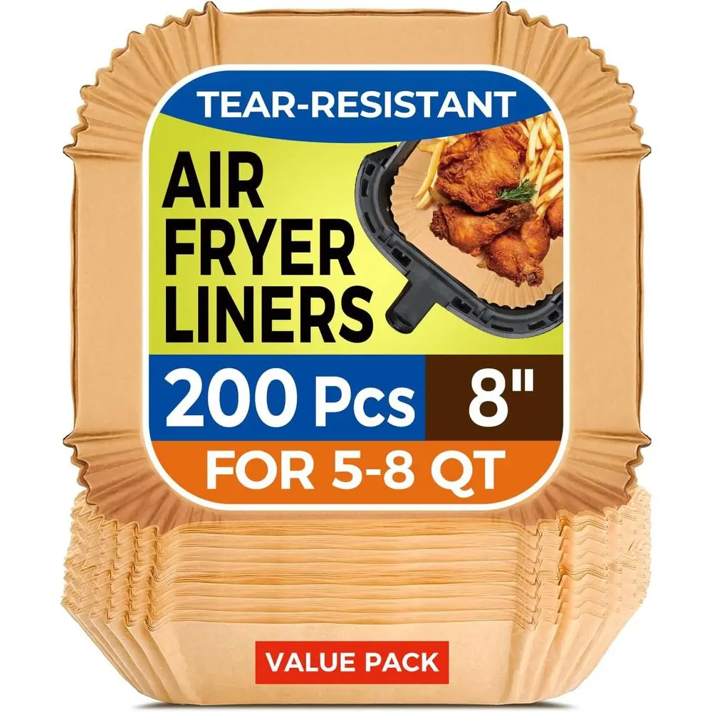 Folhas Descartáveis ​​para Air Fryer – Embalagem De 200, Quadrado (8 Polegadas), Papel Vegetal Antiaderente E Resistente Ao Óleo
