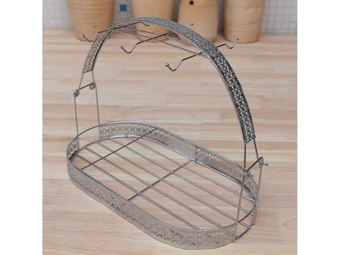 Porta Tazas de Hierro Forjado Con 6 Ganchos Y Canasta Superior Organizador de Vajilla para Cocina Mesa Estantería Oro a