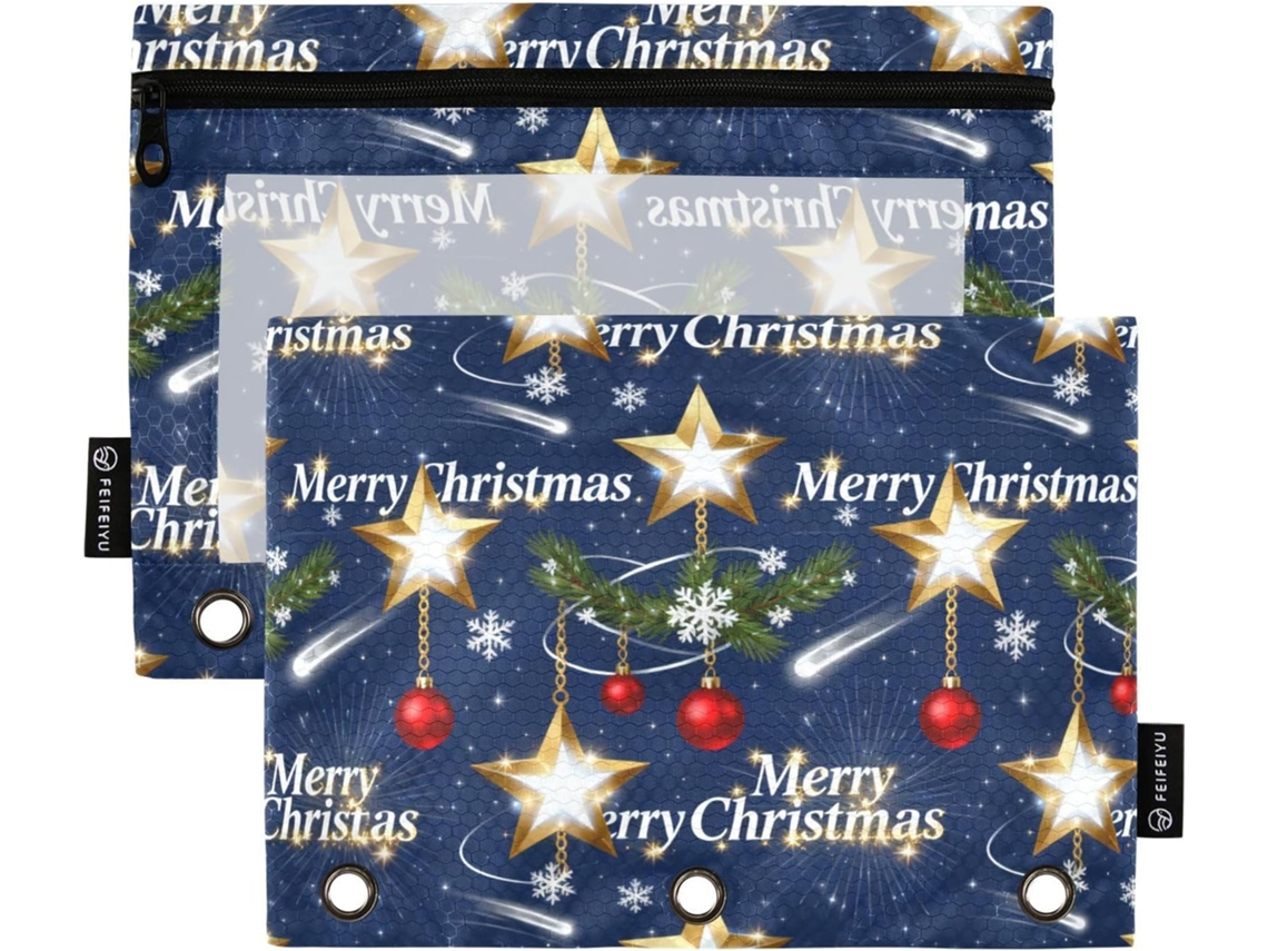 Feliz Natal Estrela Dourada Pasta Organizadora Doméstica Com Janela Transparente, Estojo Grande E Resistente, 3 Lápis Em