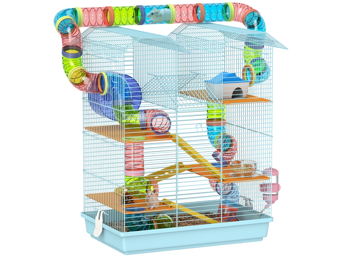 Gaiola para Hamster de Múltiplos Níveis com Sistema de Tubos 4 Plataformas e Roda de Exercício 47x30x59 Cm Azul Claro Ge