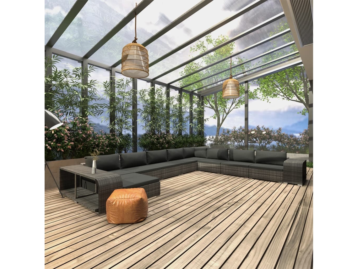Vidaxl 11 Pcs Conjunto Lounge De Jardim C/ Almofadões Vime Pe Cinzento