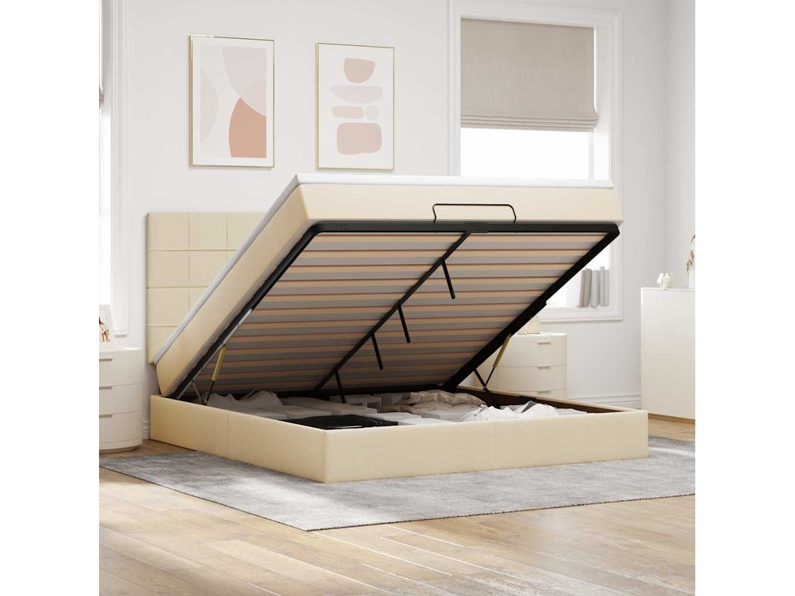 Estrutura De Cama Otomana Com Colchão Tecido Creme 160x200cm