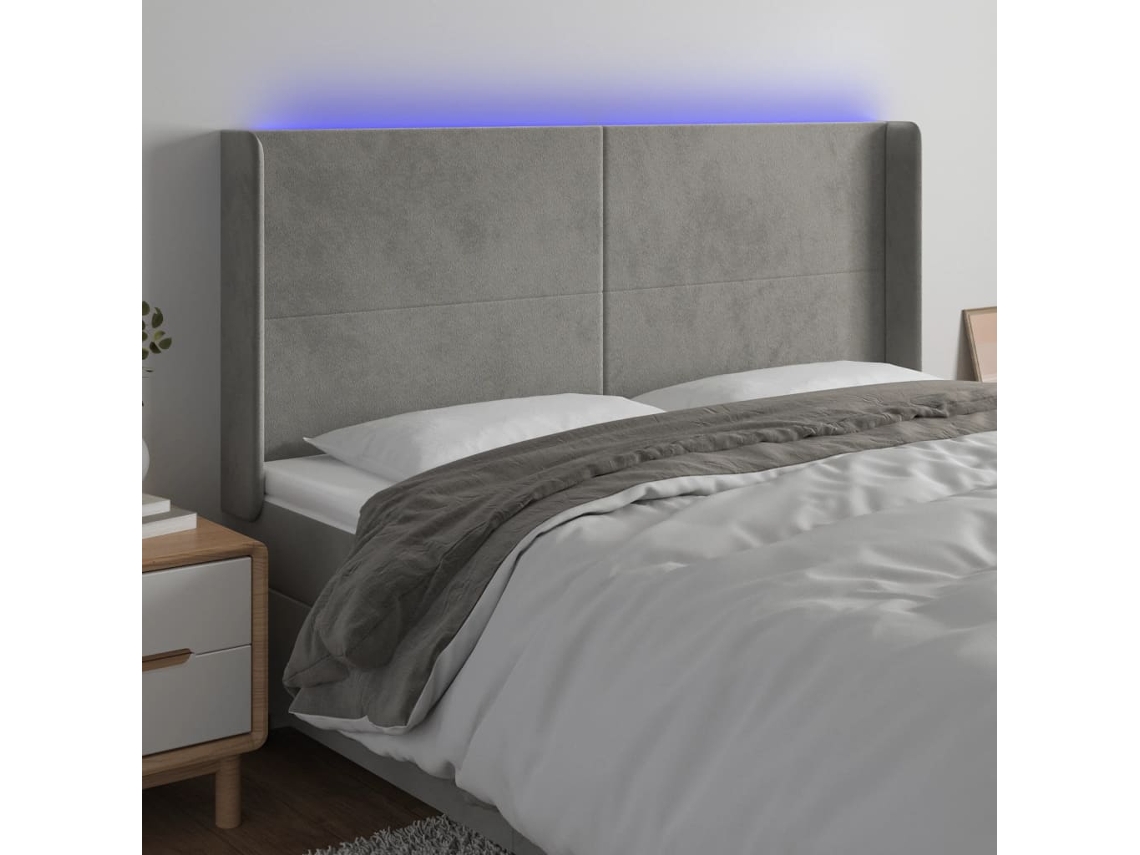 Vidaxl Cabeceira Cama C/ Luzes Led Veludo 203x16x118/128cm Cinza-claro