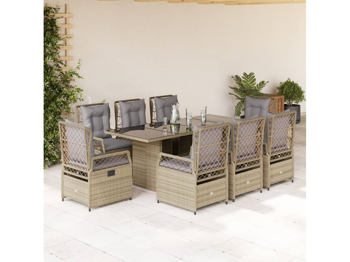 Vidaxl 9 Pcs Conjunto De Jantar P/ Jardim Com Almofadões Vime Pe Bege