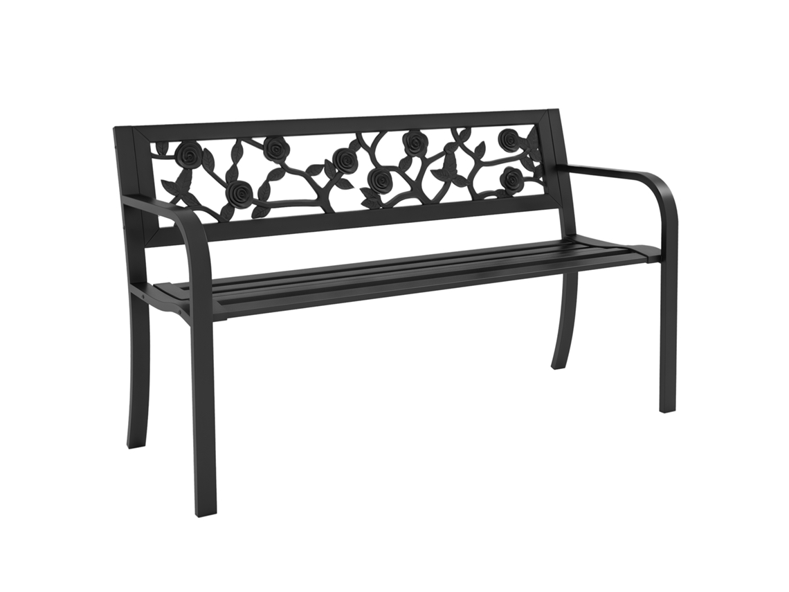 Banco de jardim para 2 lugares em aço com encosto decorativo e braços 127x50x75cm preto BTFORUS