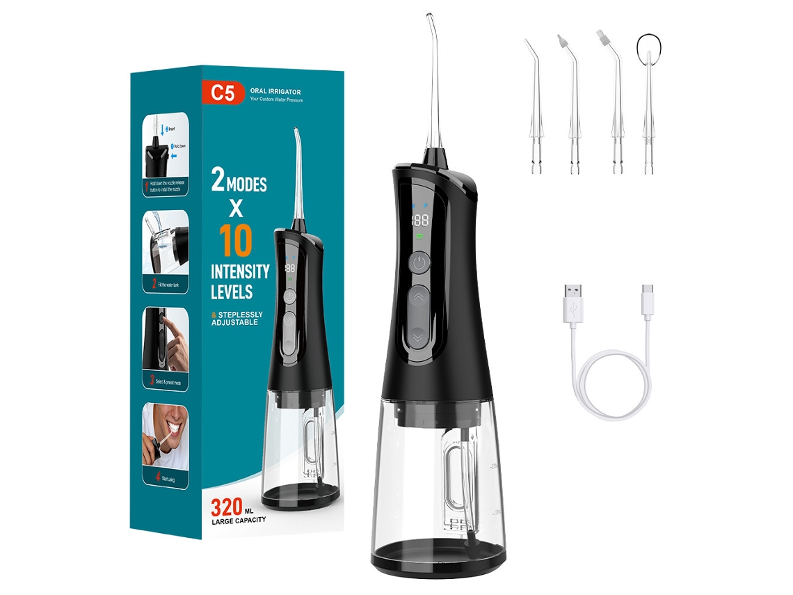 Irrigador Oral Dentário Recarregável com 4 Bicos de Jato, Depósito de Água de 320 Ml Preto HEXINYIGJLY