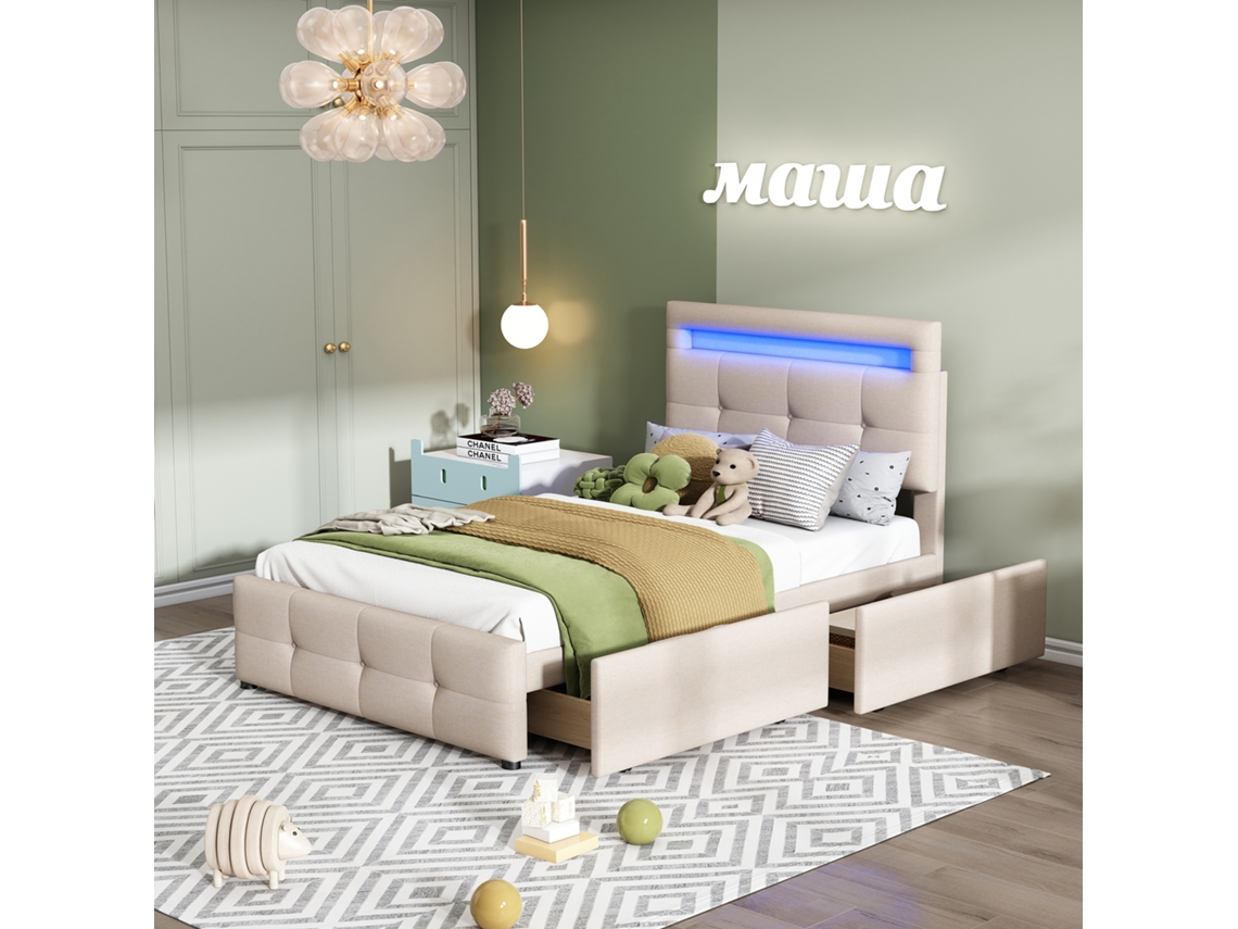 Cama Estofada 90*200cm, Led, 2 Gavetas, Linho Amigo Da Pele, Solteiro Apartamento/jovem/hóspedes, Bege-op