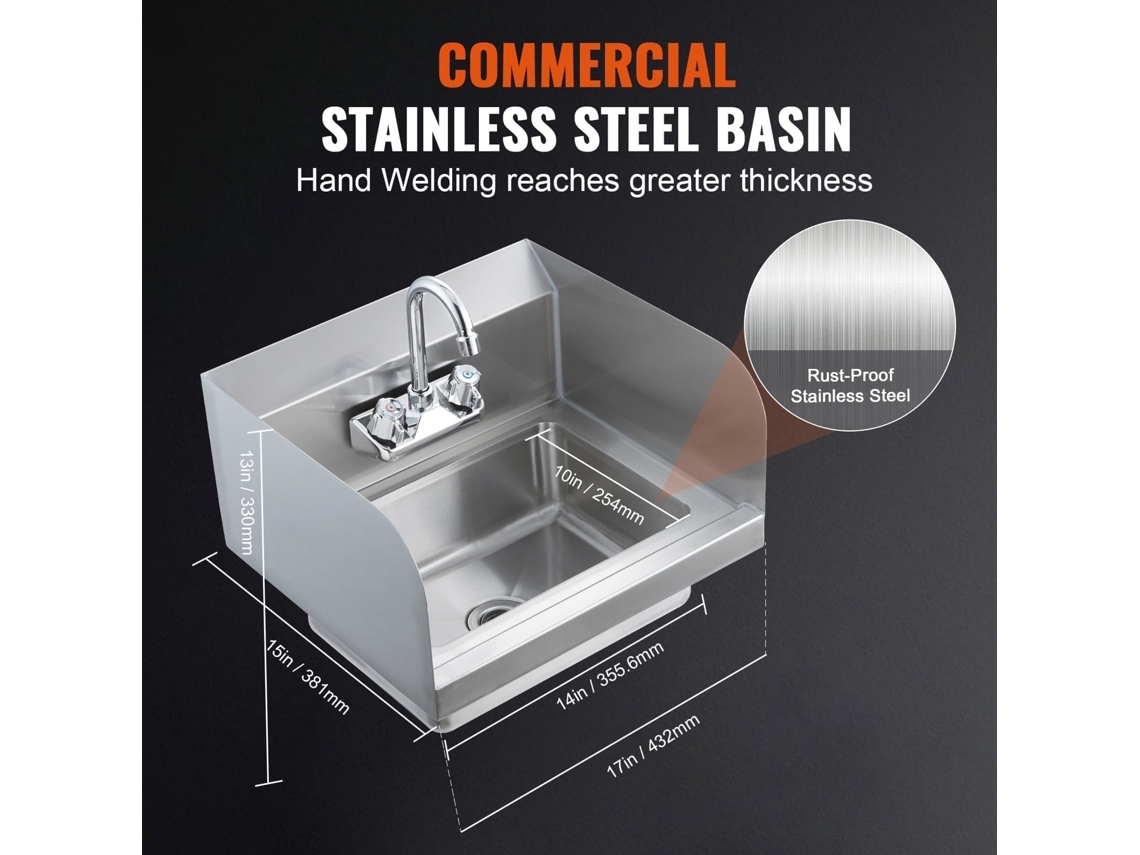 Lavatório com Torneira e Lateral de Parede Ou Embutido 432 X 381 330 Mm Pia Aço Inoxidável Sem Vazamentos para Restaurante Banheiro Cozinha Bar