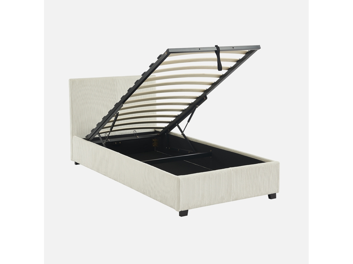 Cama Com Cabeceira Base Ripas Canelado Sweeek Veludo Branco (86x97x202)