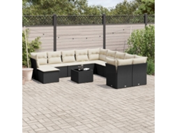 Conjunto de Sofá de Jardim 12 Peças C/ Almofadões Vime Pe Preto Dkd Home Decor